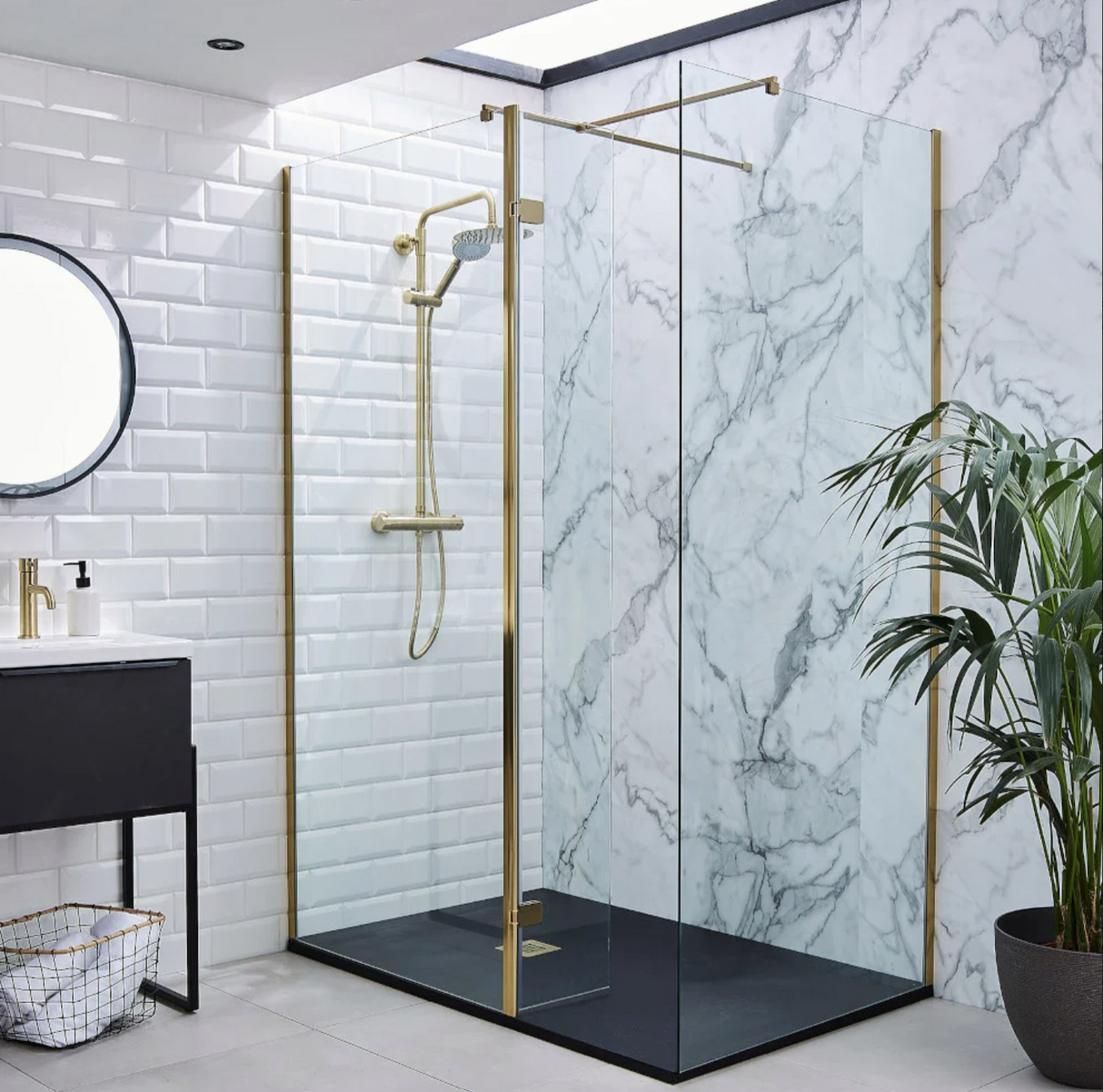 Kartell K-VIT KV8 Ottone Wetroom Screen With Ottone Profile Kit (Wall Profile & Bracing Bar) Brushed Brass (All Sizes)