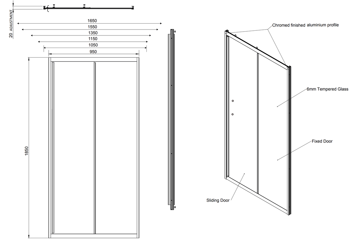 Kartell K-VIT KV6 sliding shower door dimensions diagram
