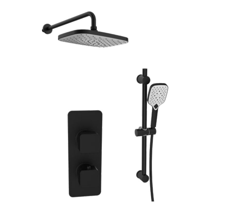 Kartell K-VIT Kolt Option 5 Thermostatic Concealed Shower with Diverter Adjustable Slide Rail Kit & Fixed Overhead Drencher - Matt Black (SHO314KBL-SHO315KBL-SHO312KBL-SHO088NR)