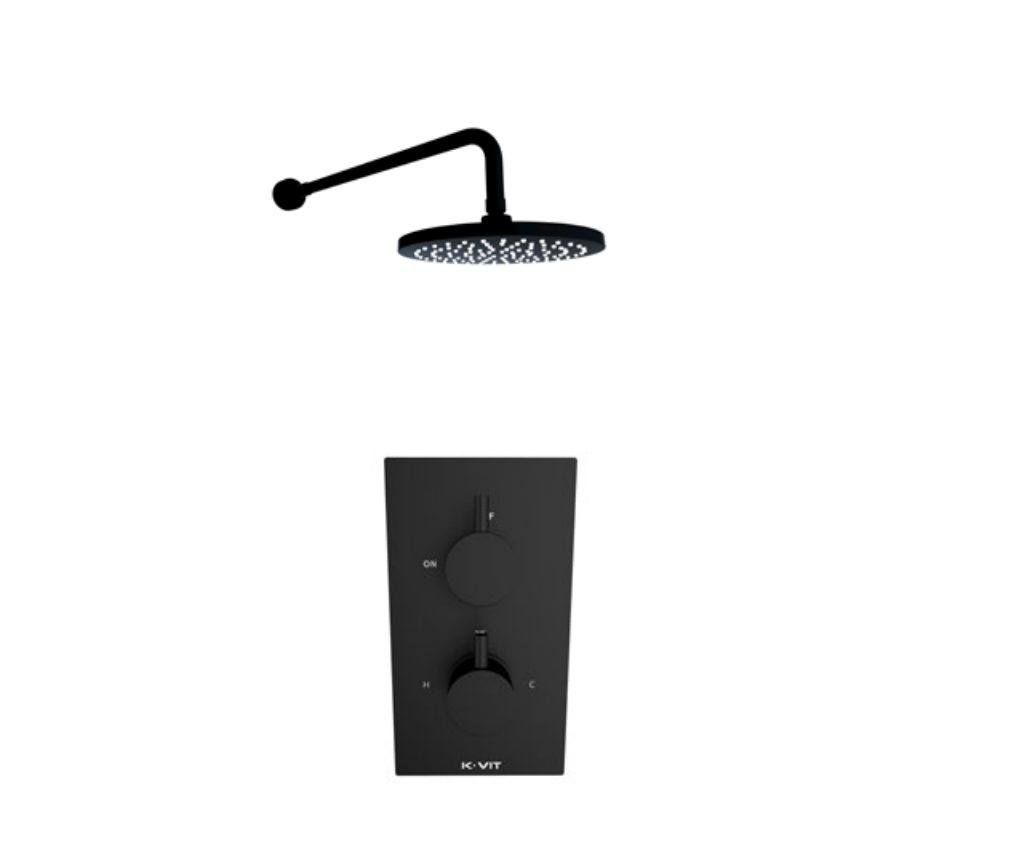 Kartell K-VIT Nero Round Option 2 Concealed Thermostatic Shower with Fixed Overhead Drencher- Matt Black (SHO045NR-SHO055NR)