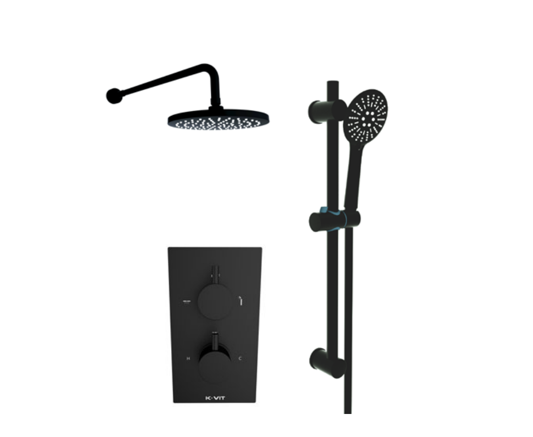 Kartell K-VIT Nero Round Option 4 Concealed Thermostatic Shower with Diverter, Adjustable Slide Rail Kit & Overhead Drencher – Matt Black (SHO046NR-SHO057NR-SHO088NR-SHO055NR)