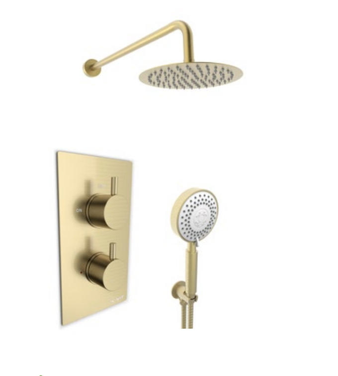 Kartell K-VIT Ottone Option 5 Thermostatic Concealed Shower with Separate Handshower & Fixed Overhead Drencher- Gold (SHO142OT-SHO143OT-SHO146OT)