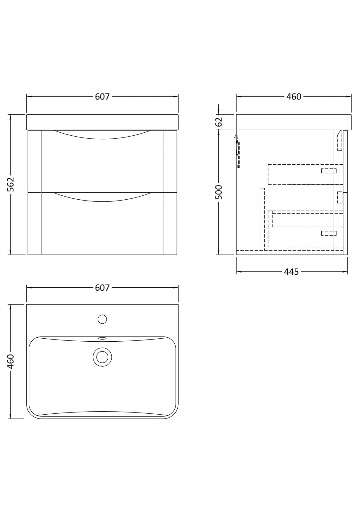 Nuie Lunar 2 Drawer Wall Hung Vanity Unit With Basin – 600mm & 800mm, photo 9