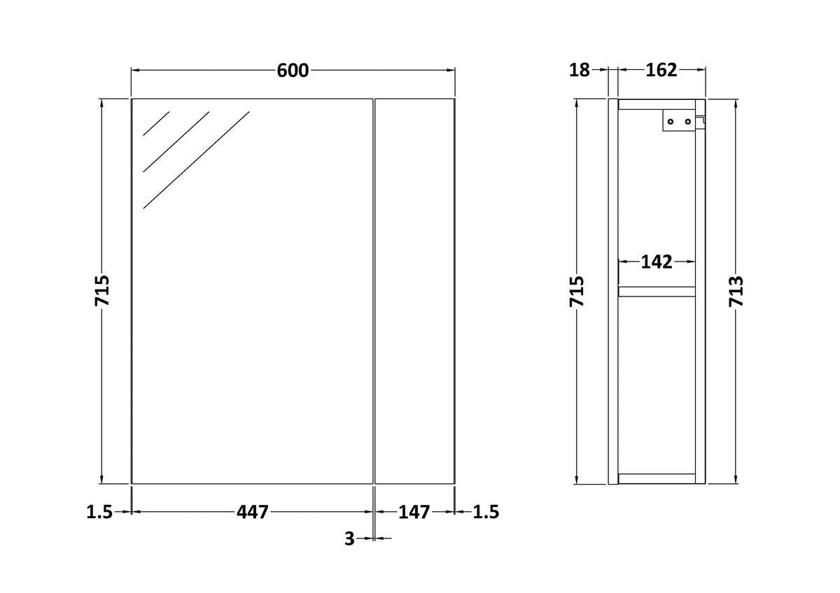Nuie Athena 600mm 2 Door Wall Hung Mirror Cabinet (75/25) – Gloss Grey, photo 3