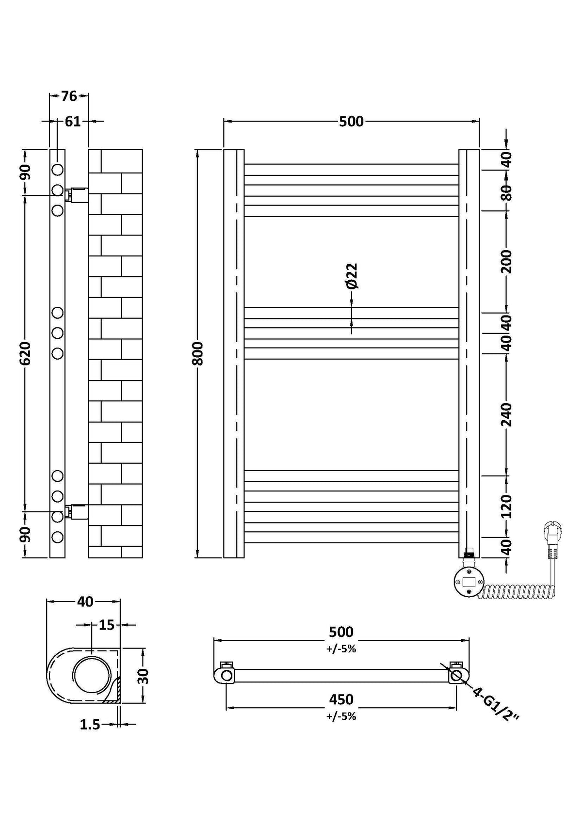 Nuie Vertical Electric Heated Towel Rail – 800 x 500mm & 1200 x 500mm, photo 6