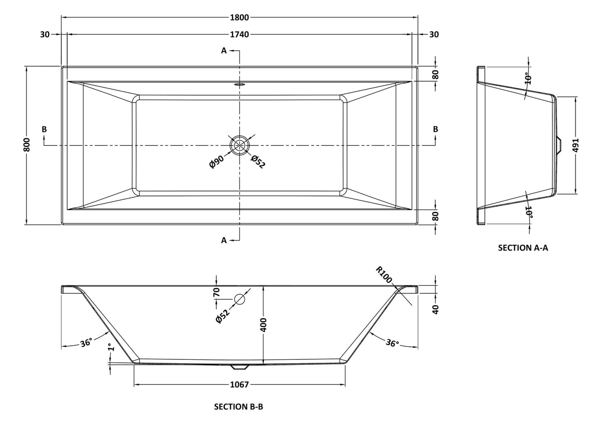 Nuie Asselby Square Double Ended Bath With Legs – 1700 x 700mm, 1700 x 750mm & 1800 x 800mm, photo 5