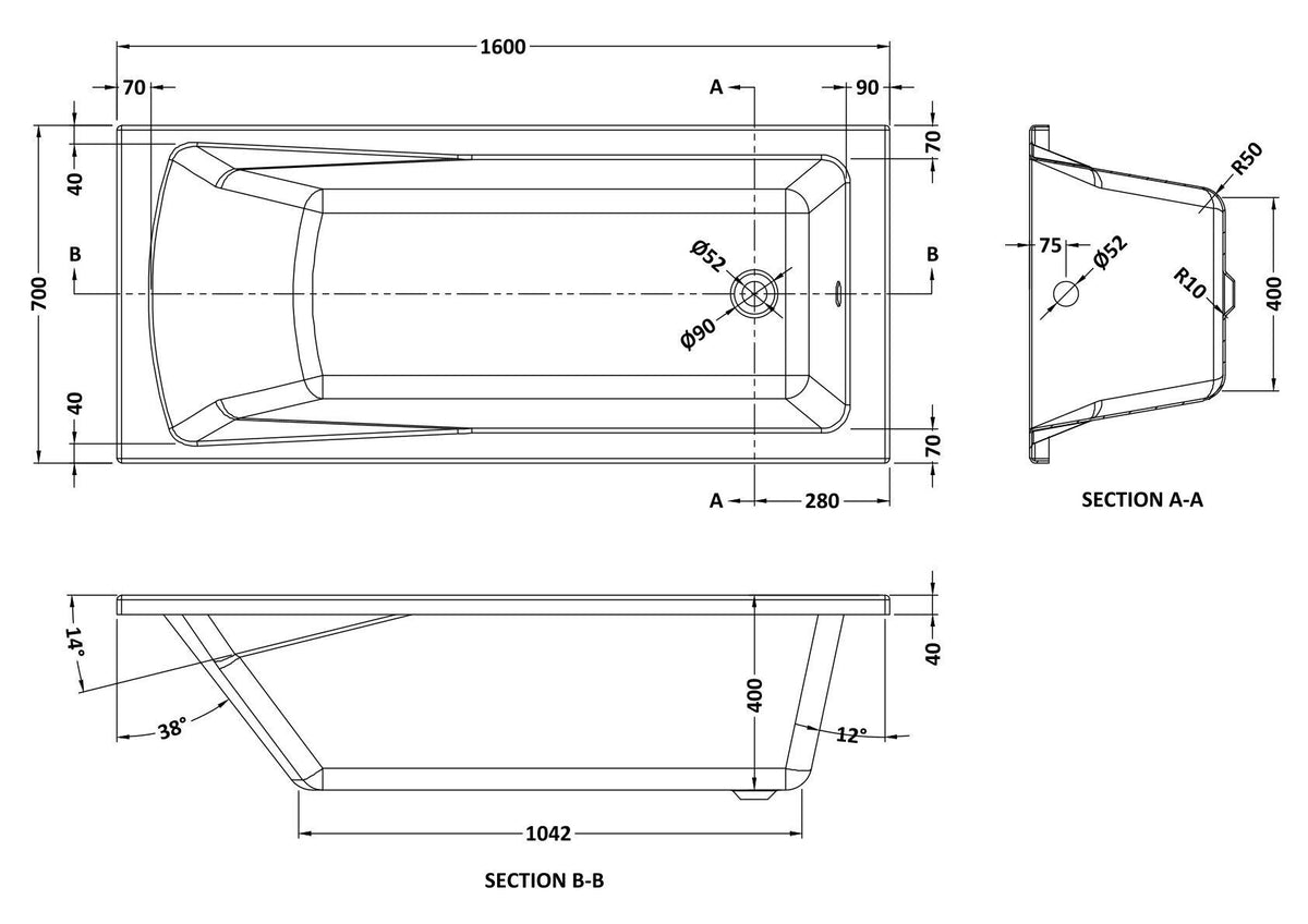 Nuie Linton Square Single Ended Bath With Legs – 1400 x 700mm, 1600 x 700mm, 1700 x 700mm, 1700 x 750mm & 1800 x 800mm, photo 4