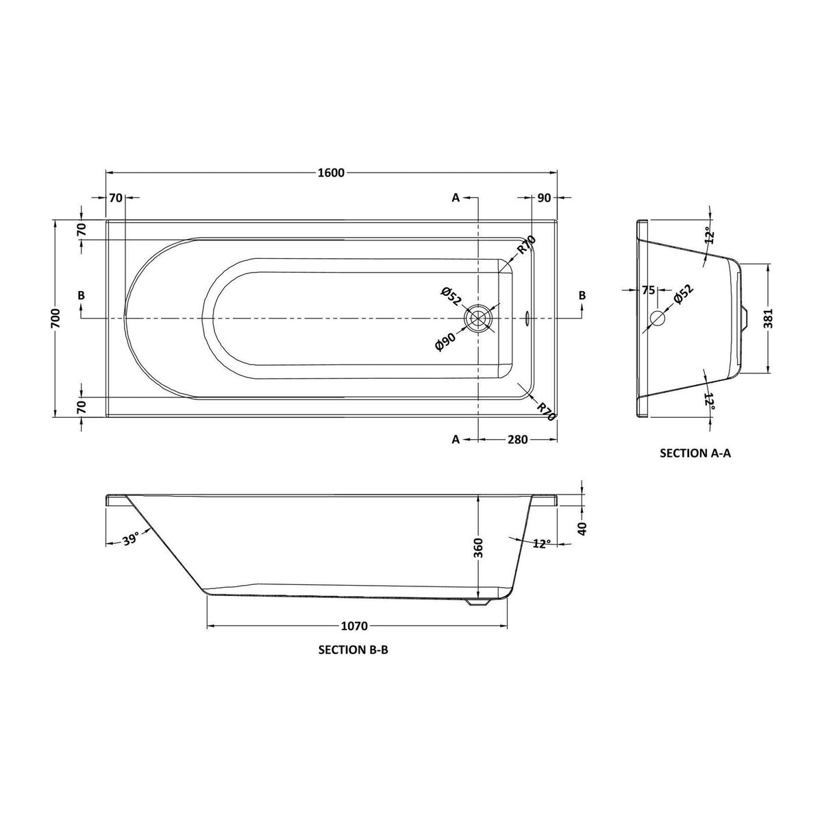 Nuie Barmby Square Single Ended Bath With Legs – 1500 x 700mm & 1600 x 700mm, photo 4