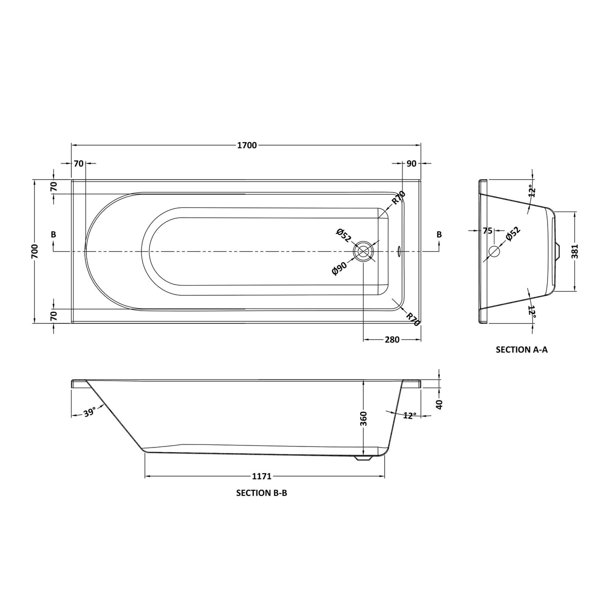 Nuie Barmby Round Single Ended Bath With Legs – 1700 x 700mm, 1700 x 750mm & 1800 x 800mm, photo 3