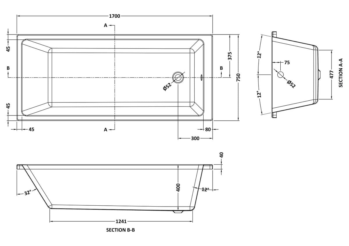Nuie 1700 x 750mm Thin Edge Square Single Ended Bath With Legs – White, photo 2