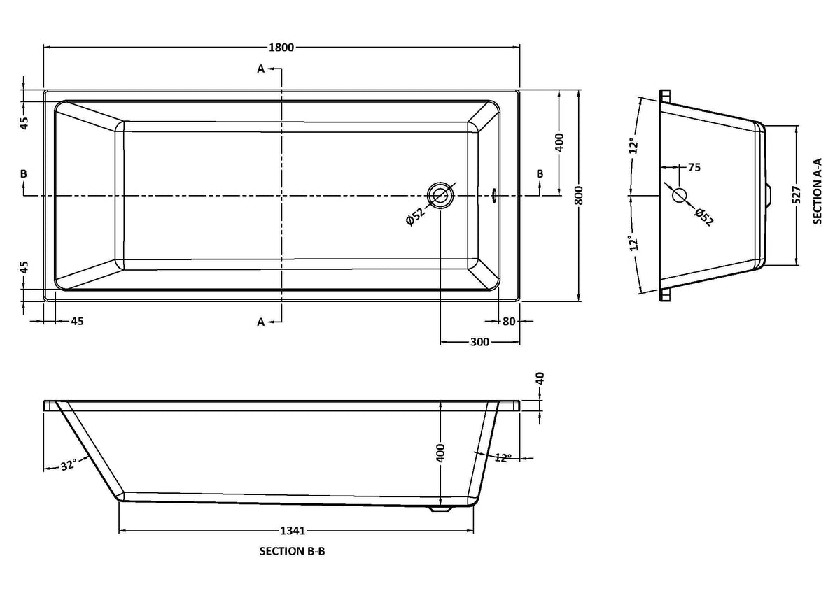 Nuie Linton Thin Edge Square Single Ended Bath With Legs – 1700 x 700mm & 1800 x 800mm, photo 4