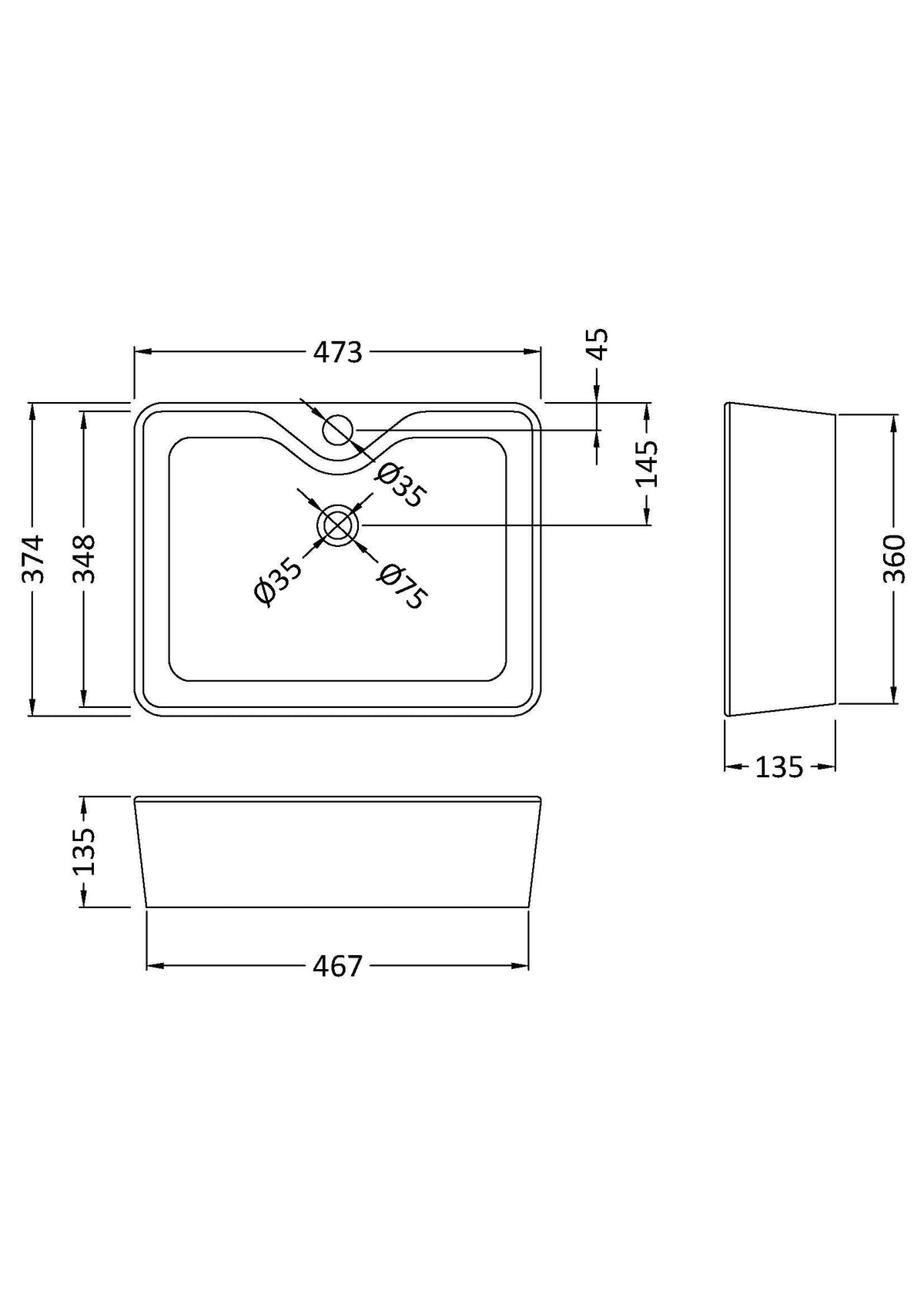 Nuie 1 Tap Hole Ceramic Rectangular Vessel Basin – 335mm, 460mm & 485mm, photo 4