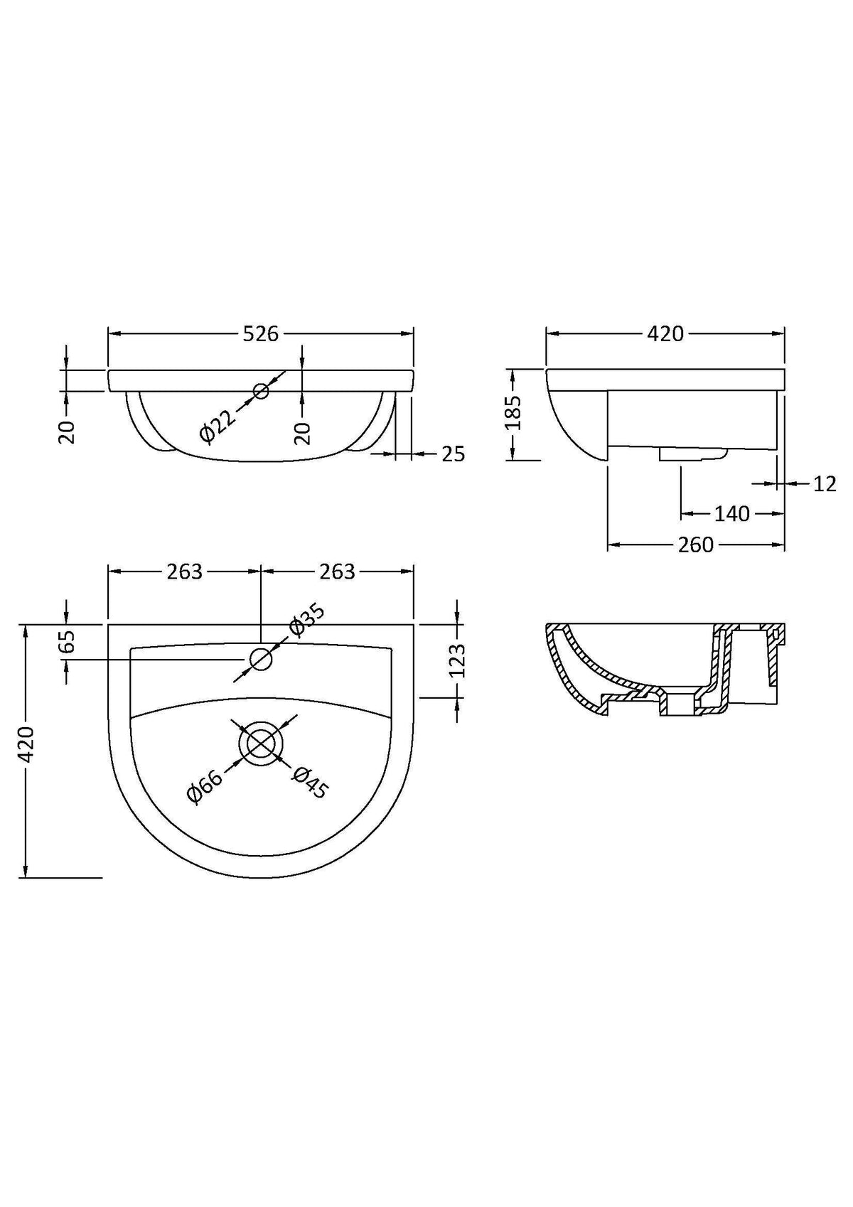500mm Hudson Reed Harmony 1 Tap Hole Ceramic Semi-Recessed Basin – White, photo 2