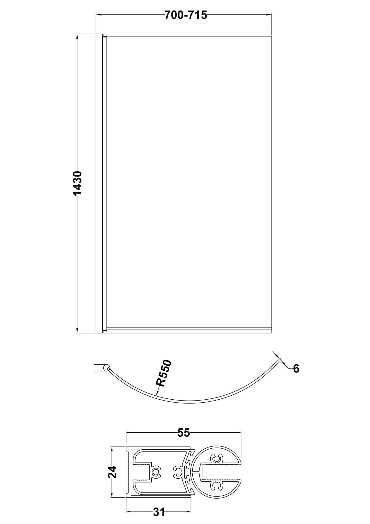 Nuie 700mm Curved Bath Screen – Chrome, photo 3