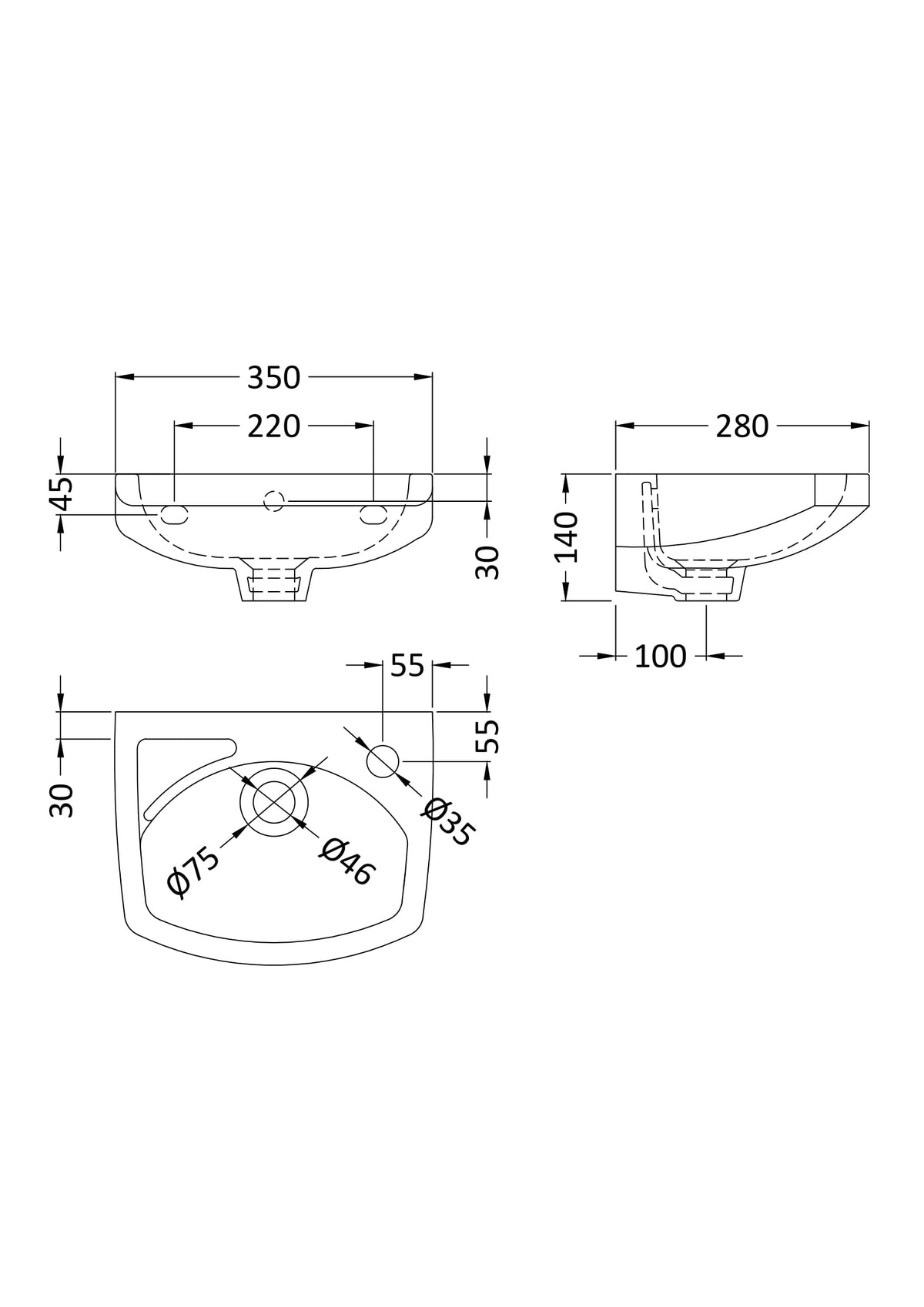 Nuie Melbourne 1 Tap Hole Wall Hung Ceramic Basin – 350mm & 450mm, photo 3