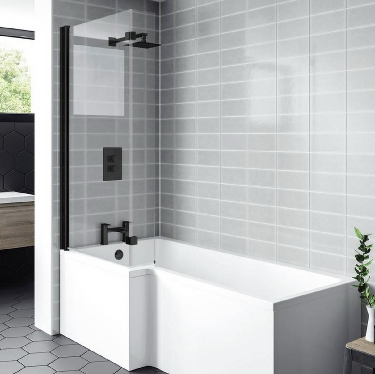 Kartell K-VIT Nero L Shaped Shower Bath Screen Square Edge with Extension Panel - Matt Black (NER-LS)