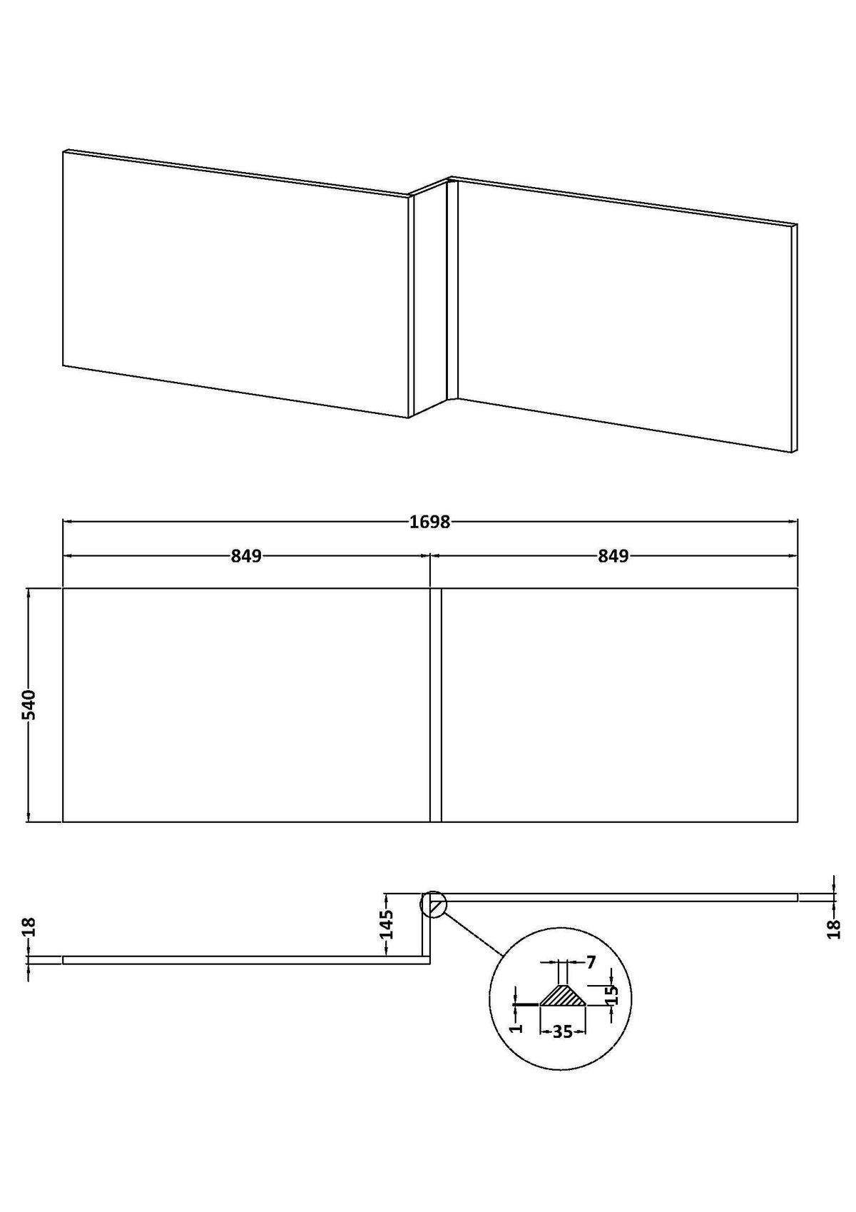 Nuie 1700mm L-Shape Square Satin MDF Matt Shower Bath Front Panel – Soft Black, photo 2