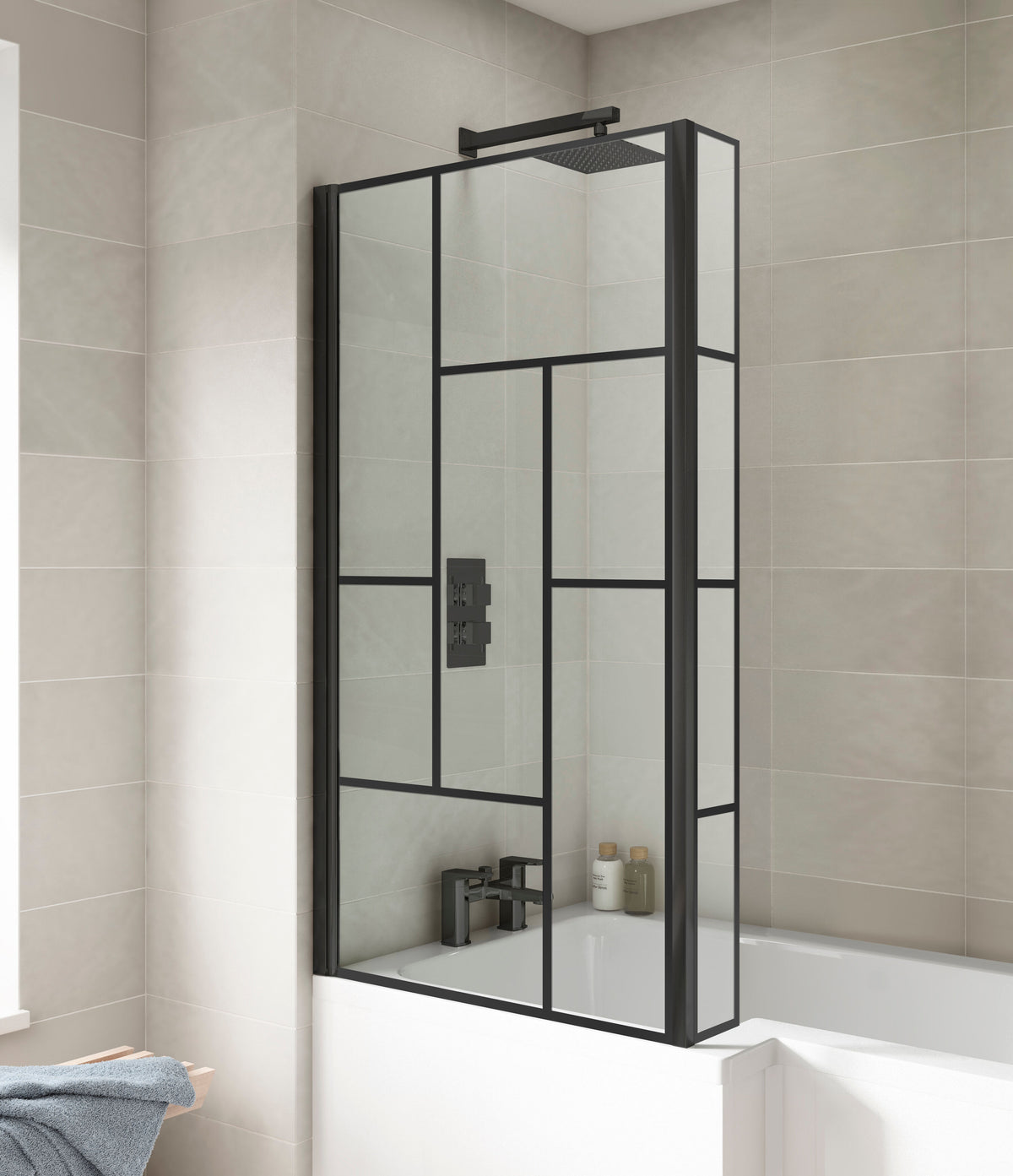 Nuie 800mm L Shape Abstract Matrix Hinged Bath Screen With Fixed Return – Matt Black, photo 4