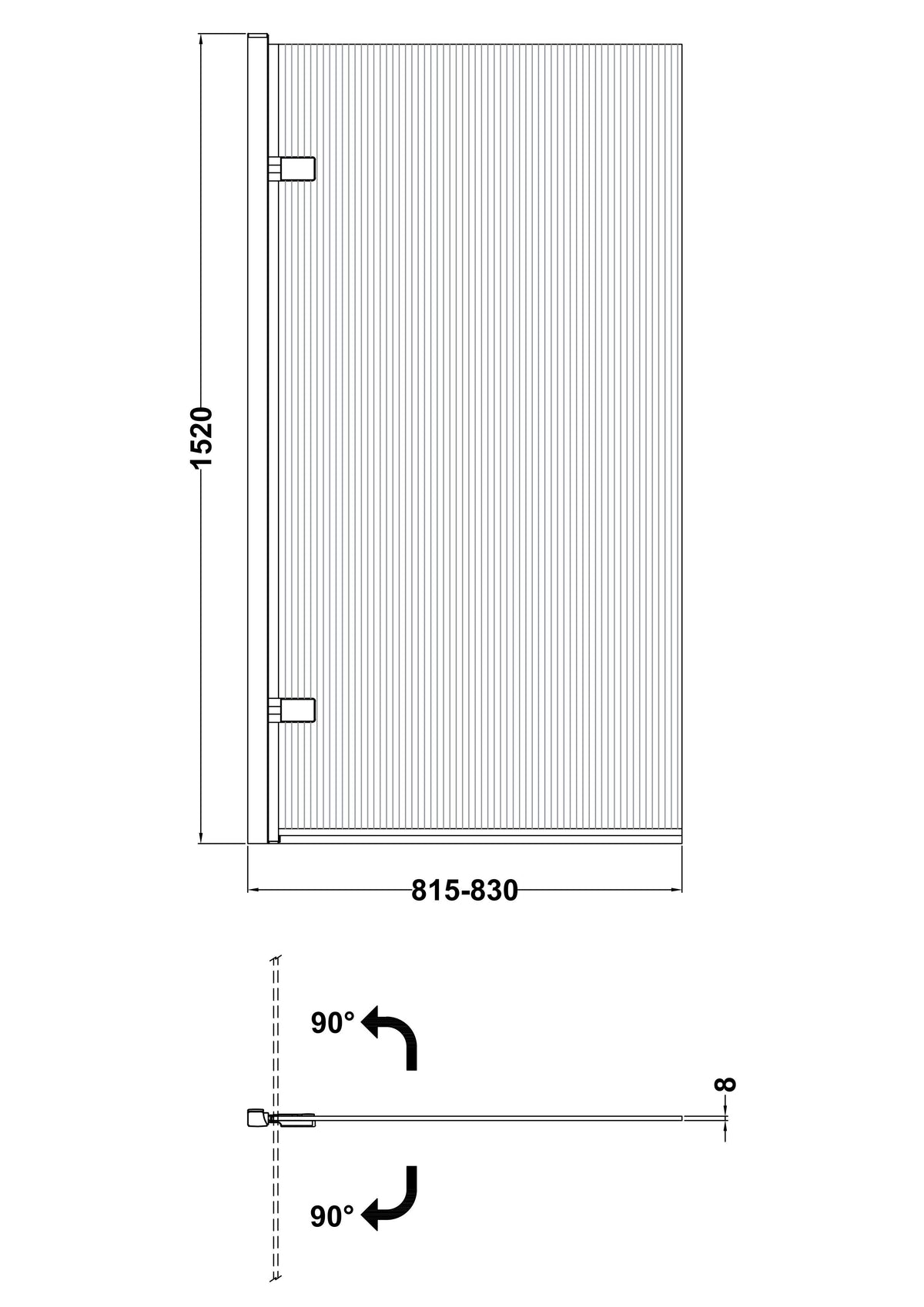 Nuie 830mm Fluted Hinged Bath Screen – Chrome, Brushed Brass or Matt Black, photo 5