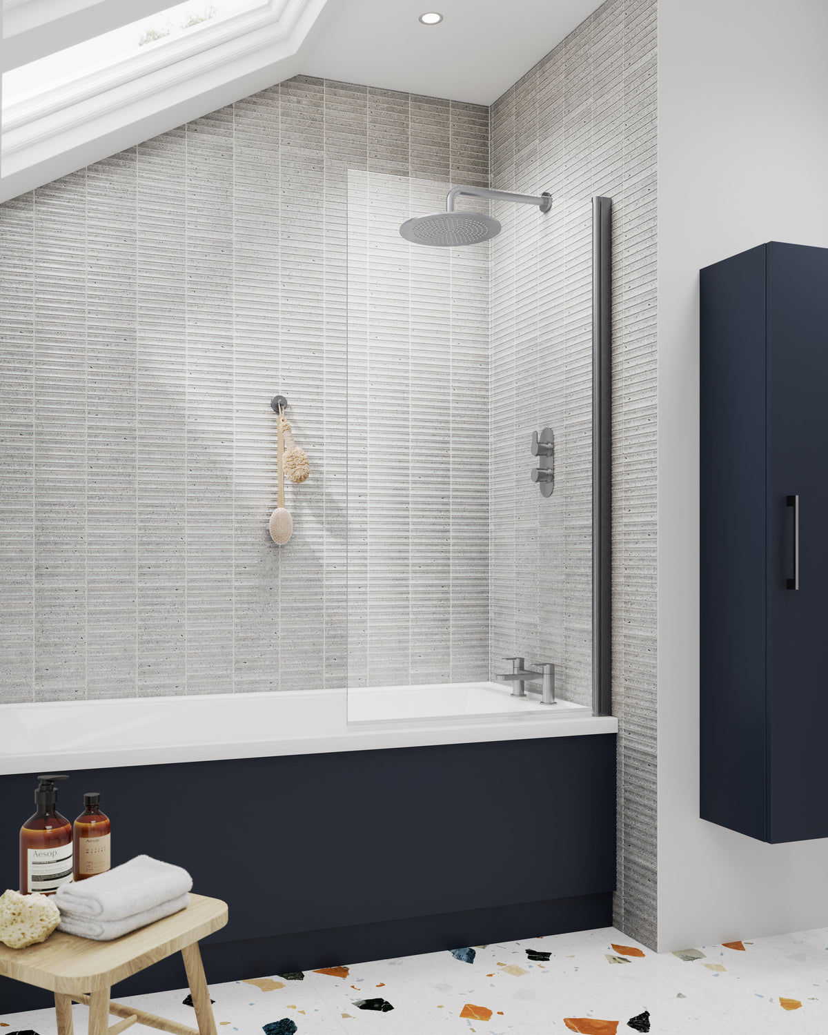 Nuie 800mm Bath Screen – 1430mm High – Brushed Pewter