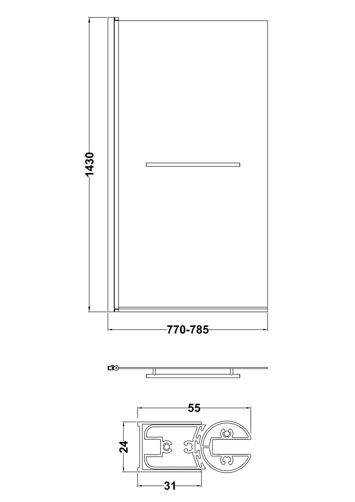 Nuie 800mm Bath Screen With Rail – Chrome, photo 3