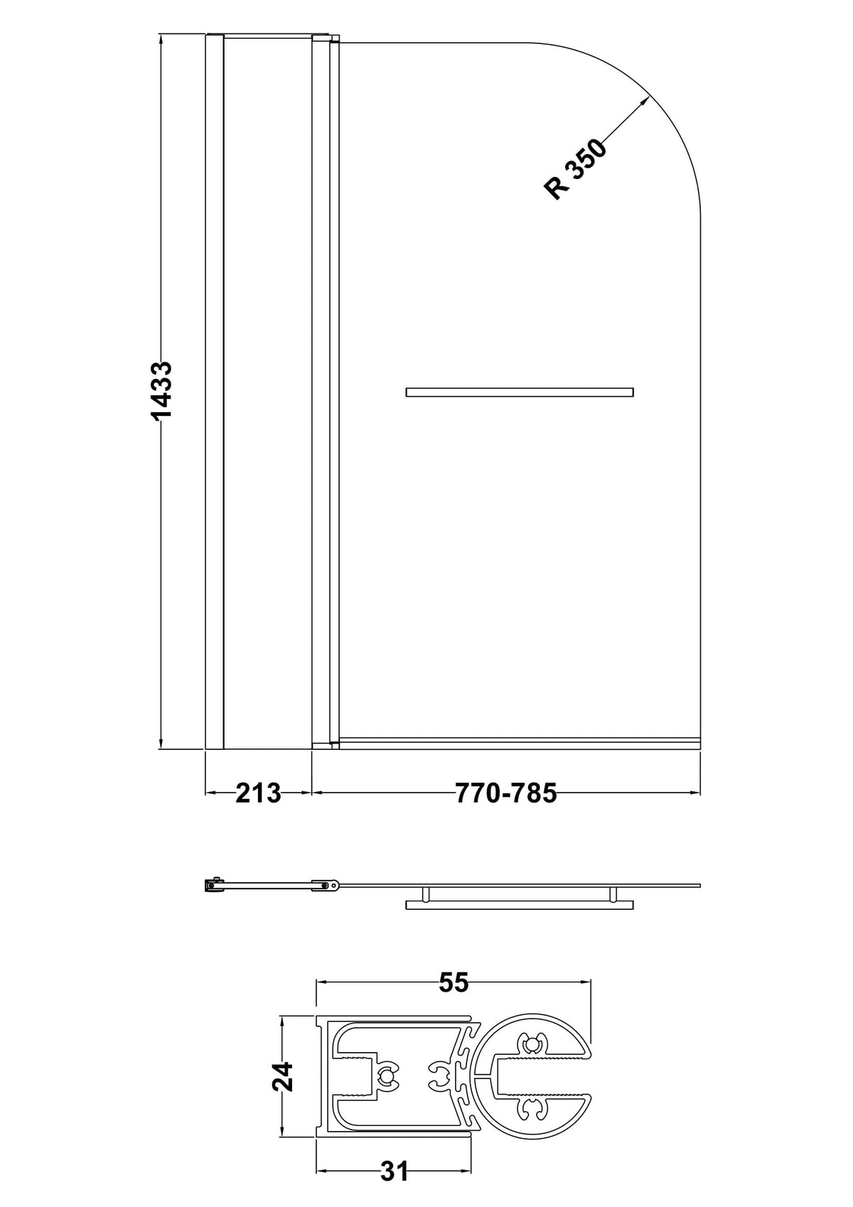 Nuie 1000mm Bath Screen With Rail And Fixed Panel – Chrome, photo 3