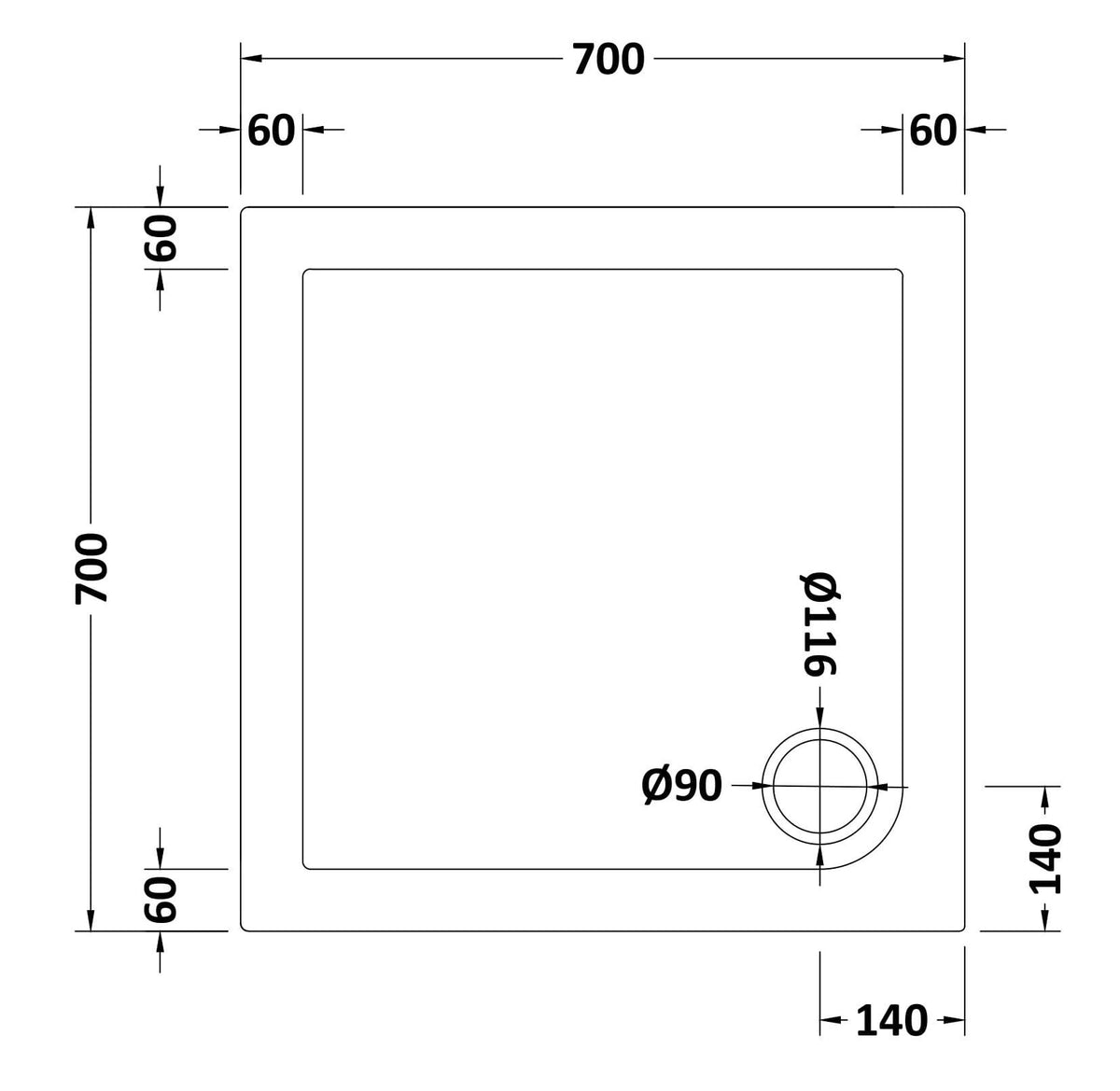 Nuie Slimline Square Shower Tray – 700 x 700mm, 760 x 760mm, 800 x 800mm, 900 x 900mm & 1000 x 1000mm, photo 3