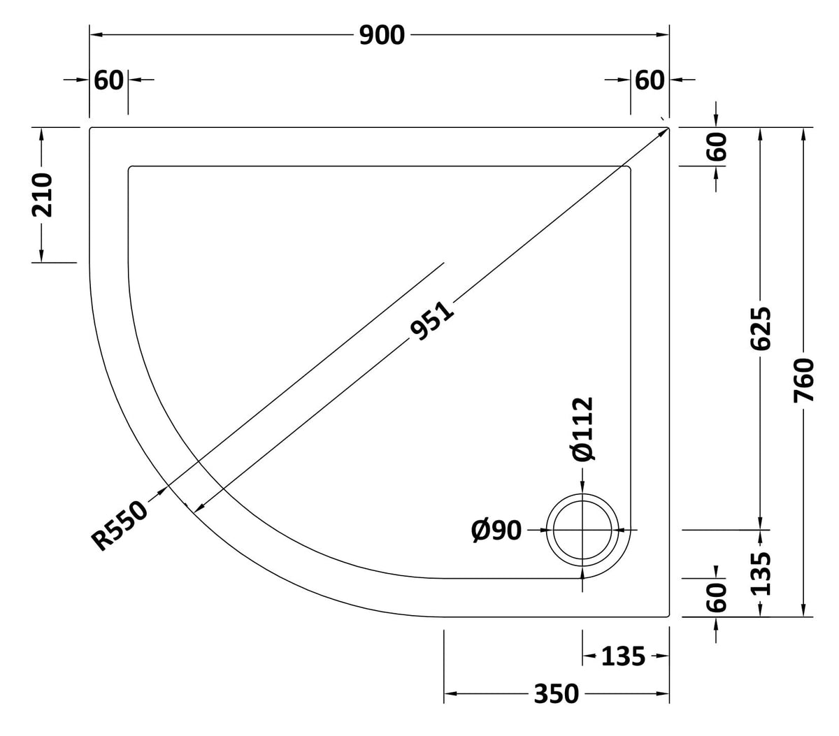 Nuie Slimline Offset Quadrant Shower Tray – 900 x 760mm, 900 x 800mm, 1000 x 800mm, 1000 x 900mm, 1200 x 800mm & 1200 x 900mm, photo 4