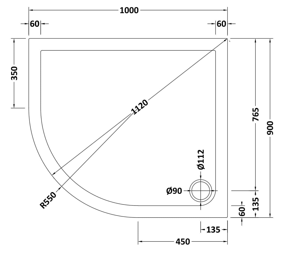 Nuie Slimline Offset Quadrant Shower Tray – 900 x 760mm, 900 x 800mm, 1000 x 800mm, 1000 x 900mm, 1200 x 800mm & 1200 x 900mm, photo 7