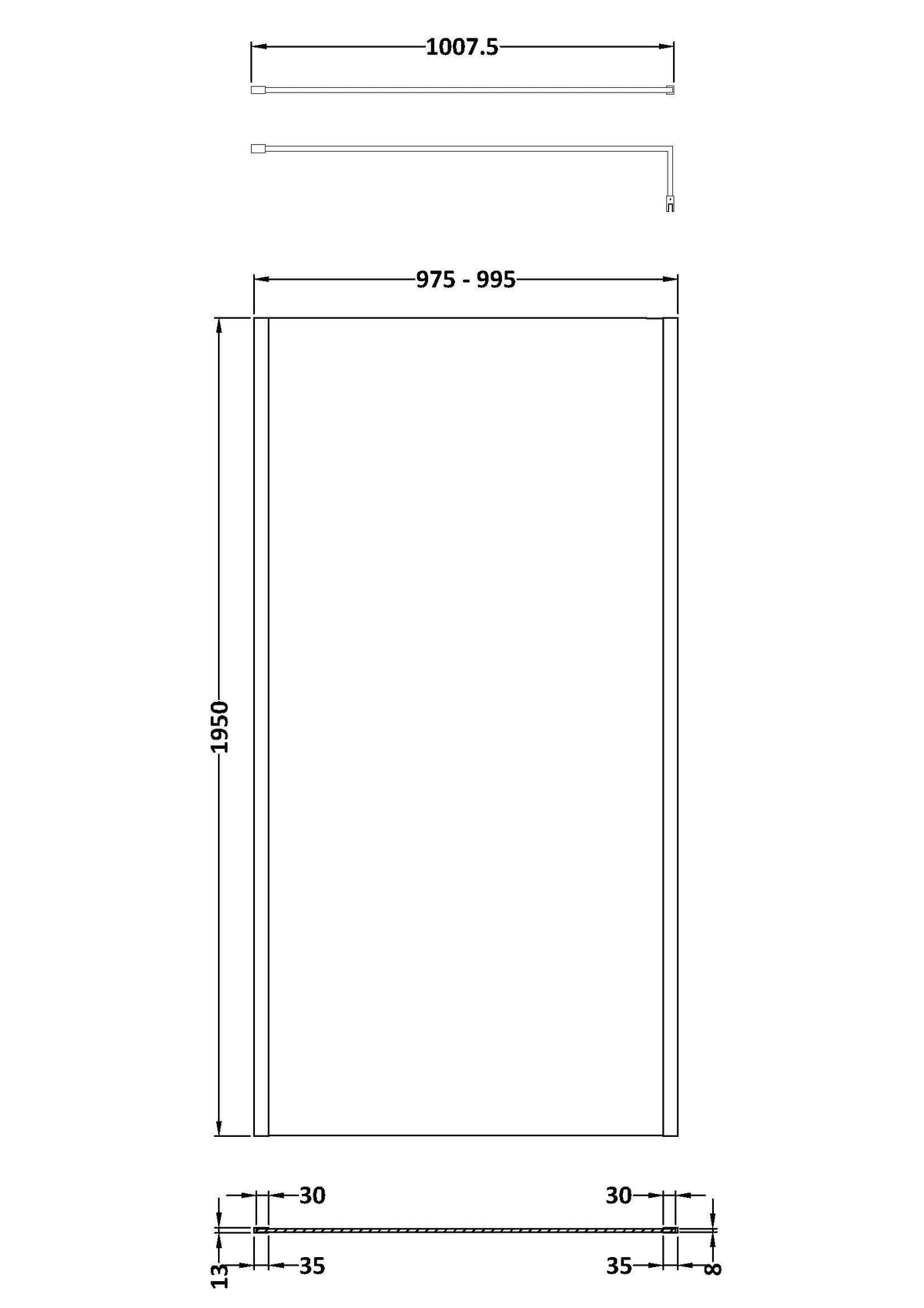 Nuie Semi-Frameless Wetroom Screen – 1950mm High – 700mm, 760mm, 800mm, 900mm, 1000mm, 1100mm & 1200mm, photo 7