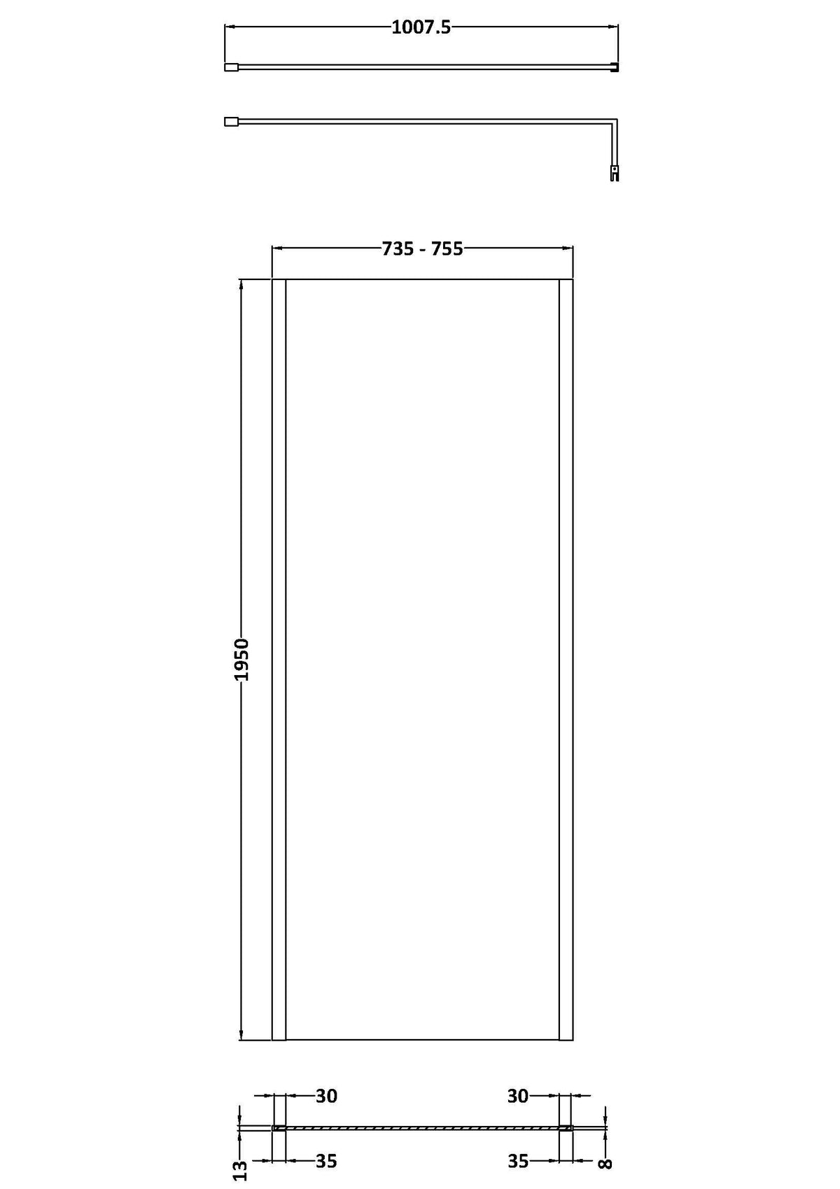 Nuie Semi-Frameless Wetroom Screen – 1950mm High – 700mm, 760mm, 800mm, 900mm, 1000mm, 1100mm & 1200mm, photo 4