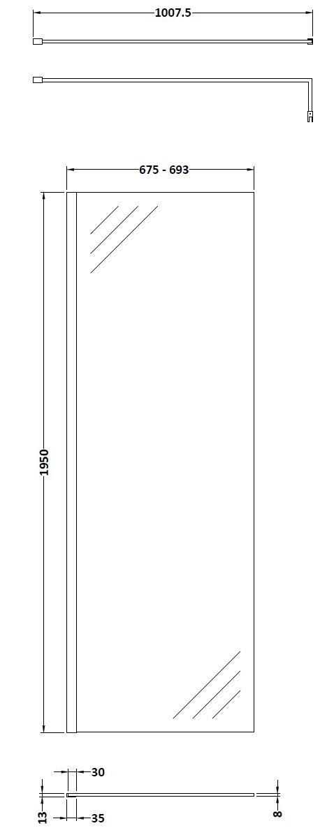Nuie Semi-Frameless Wetroom Screen With Support Bar – 1950mm High – 700mm, 800mm, 900mm, 1200mm & 1400mm, photo 2