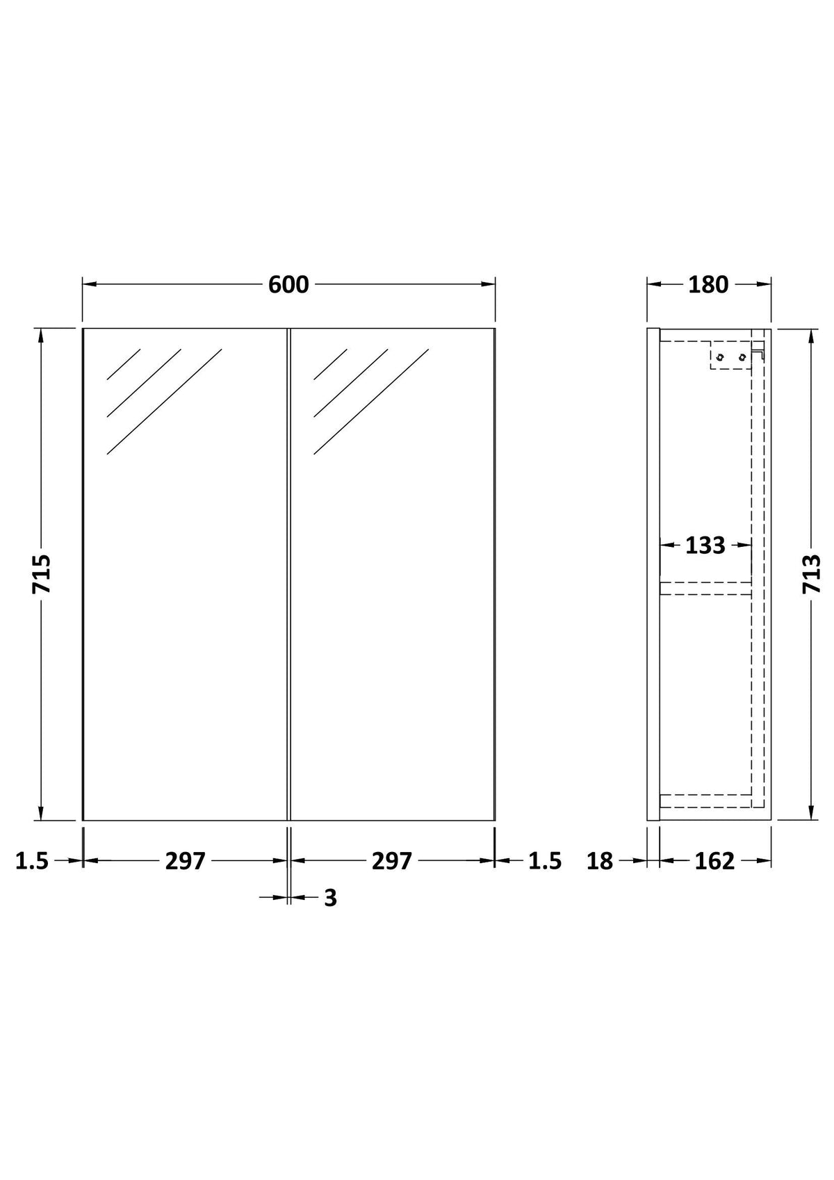 Nuie Parade 600mm 2 Door Wall Hung Mirror Cabinet (50/50), photo 4