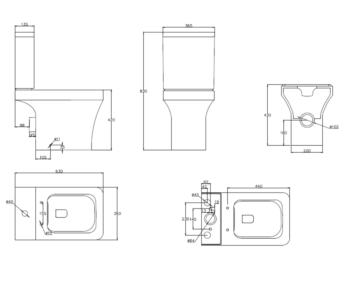 Kartell K-VIT Ozone Square Close Coupled Rimless WC Pan with Soft Close Seat– White Gloss (POT026OZ-SEA600OP)