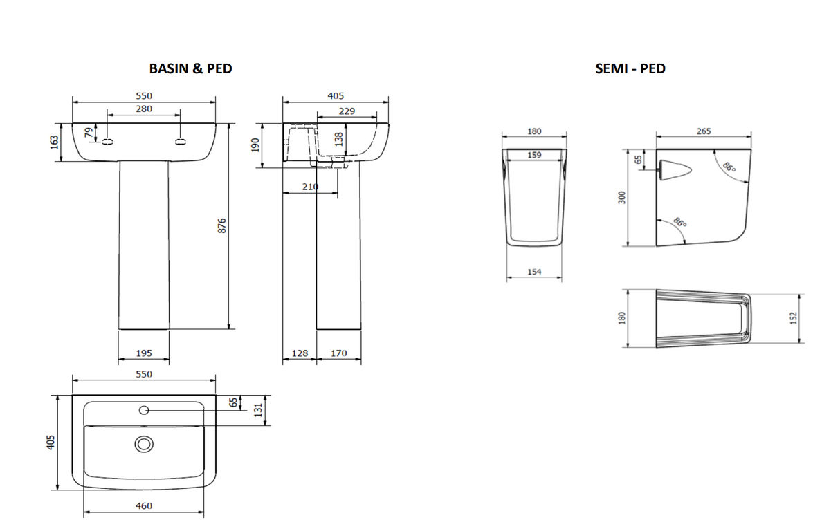 Kartell K-VIT Options 600 550mm 1Tap Hole Basin with Pedestal Options-White Gloss (POT085OP)