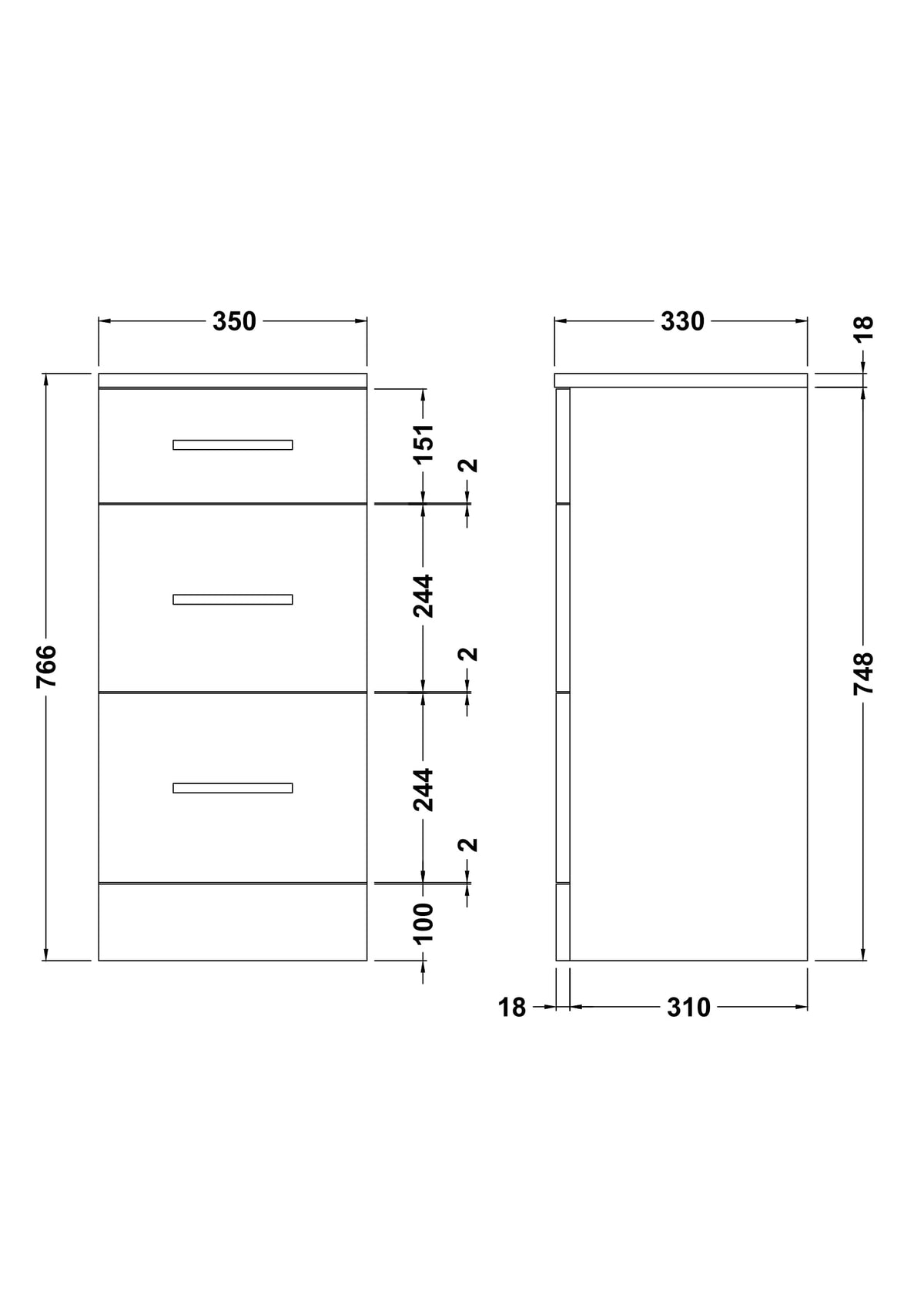 Nuie Mayford 350mm 3 Drawer Floor Standing Cabinet – Gloss White, photo 3