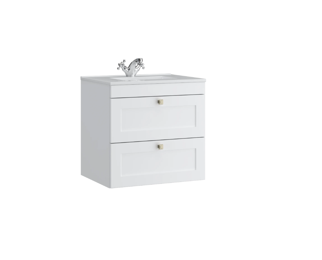 Kartell K-VIT Sanctuary 600mm 2 Drawer Wall Mounted Unit With Ceramic Basin-Matt White (SAN600WMDR-SW FUR057PU)