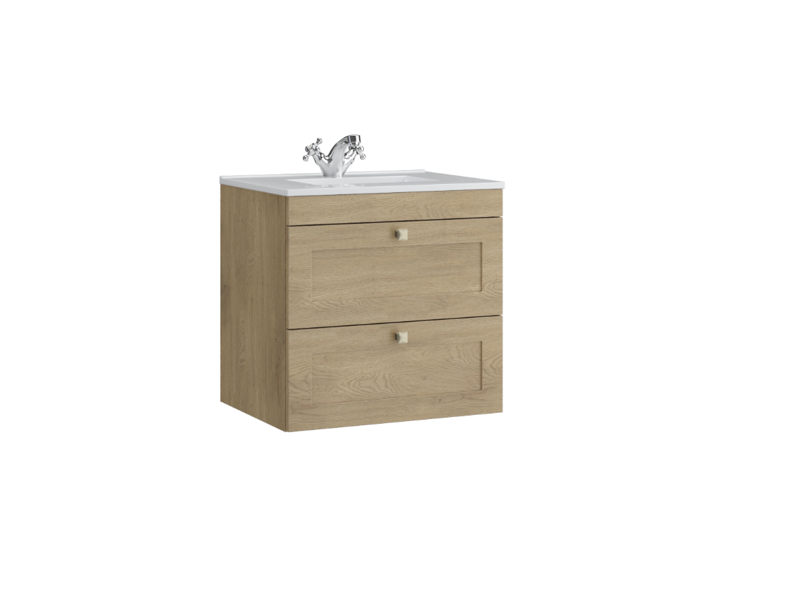 Kartell K-VIT Sanctuary 600mm 2 Drawer Wall Mounted Unit With Ceramic Basin-Torro Oak(SAN600WMDR-TO FUR057PU)
