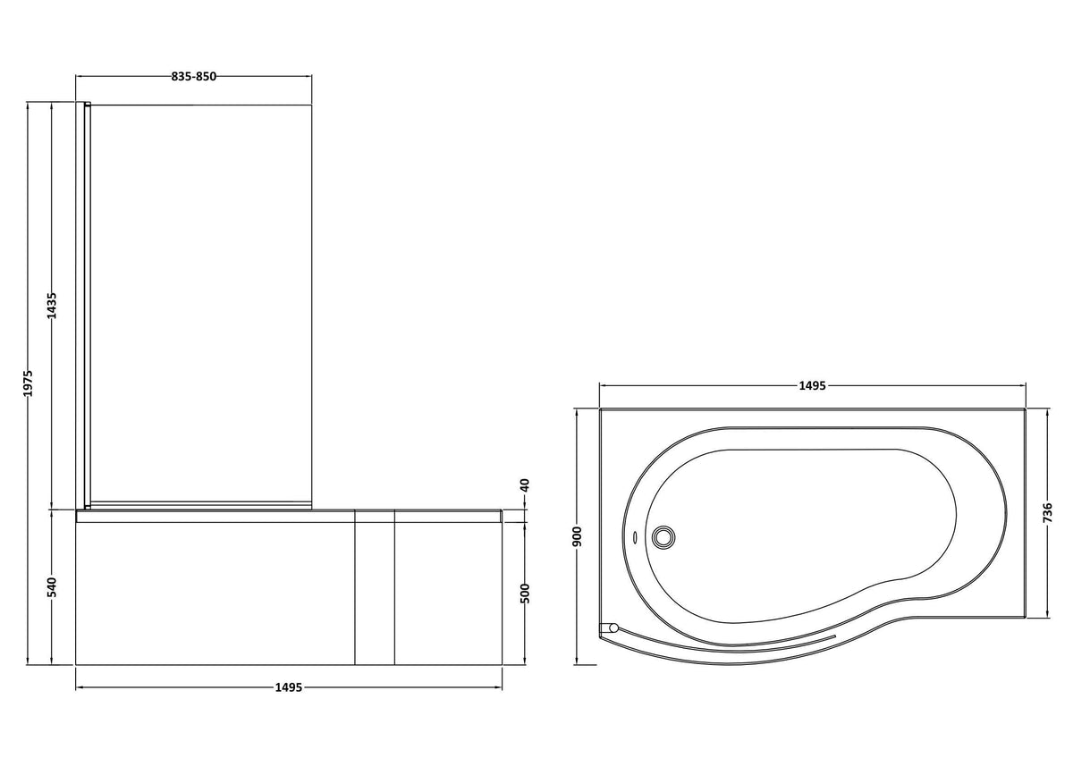 Nuie B-Shaped Shower Bath With Screen, Side Panel And Leg Set – 1500mm & 1700mm, photo 4