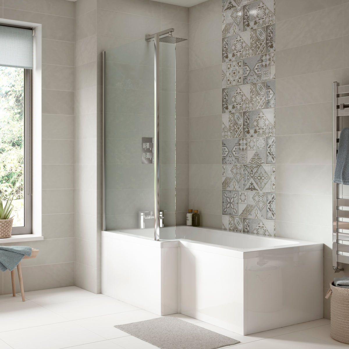 Nuie 1500mm Square Shower Bath Set with Screen, Side Panel And Leg Set – White