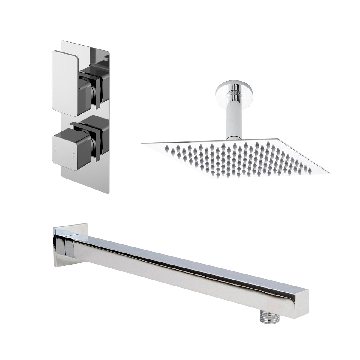 Nuie Windon Twin Thermostatic Valve, Square Wall-Mounted Shower Arm And Fixed Head – Chrome, Matt Black or Brushed Brass