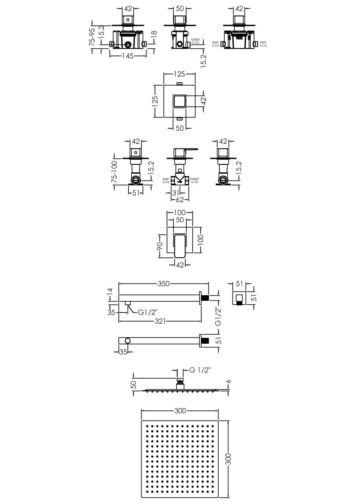 Nuie Windon Square Concealed 1 Outlet Thermostatic Shower System With Cartridge – Chrome, photo 2