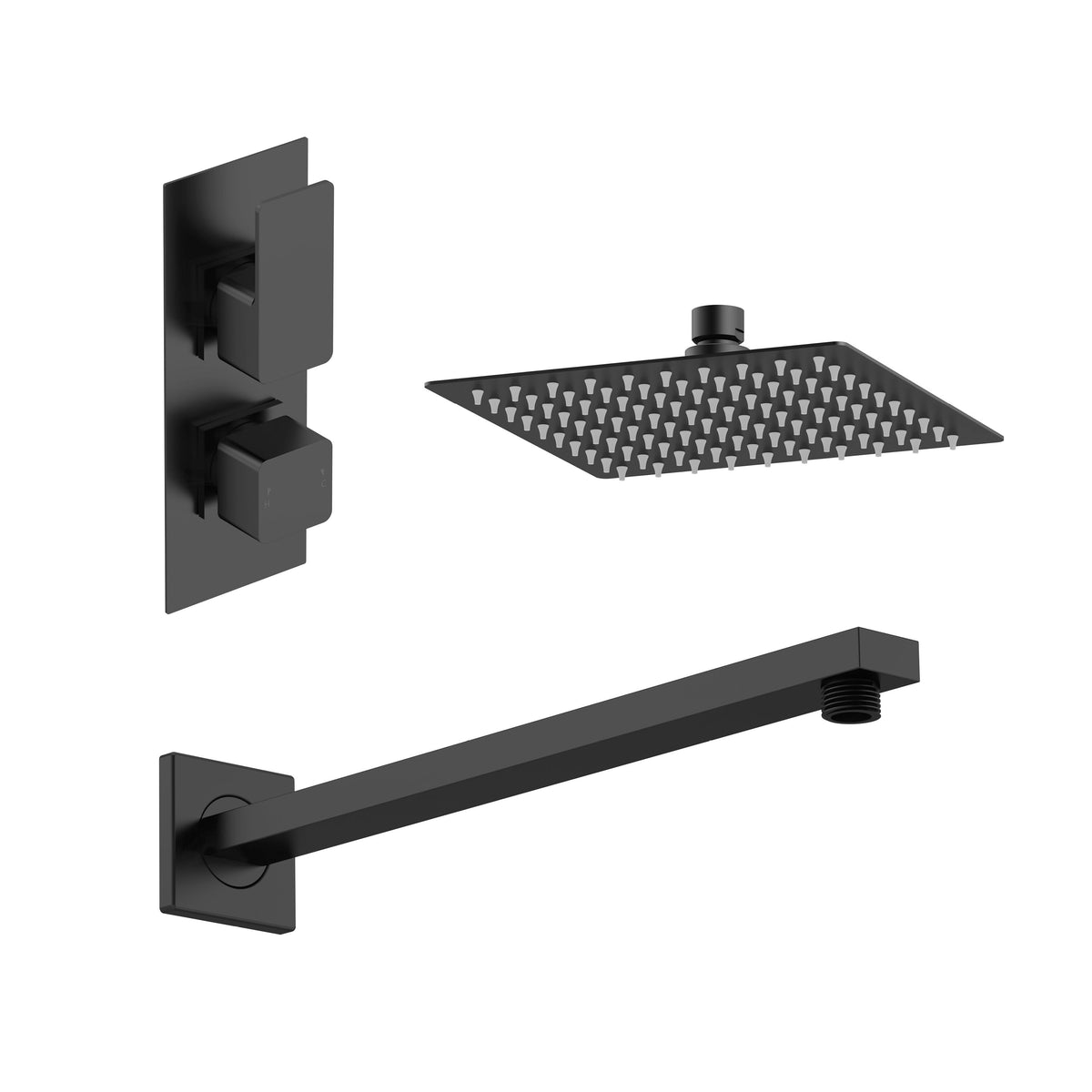 Nuie Windon Twin Thermostatic Valve, Square Wall-Mounted Shower Arm And Fixed Head – Chrome, Matt Black or Brushed Brass, photo 2