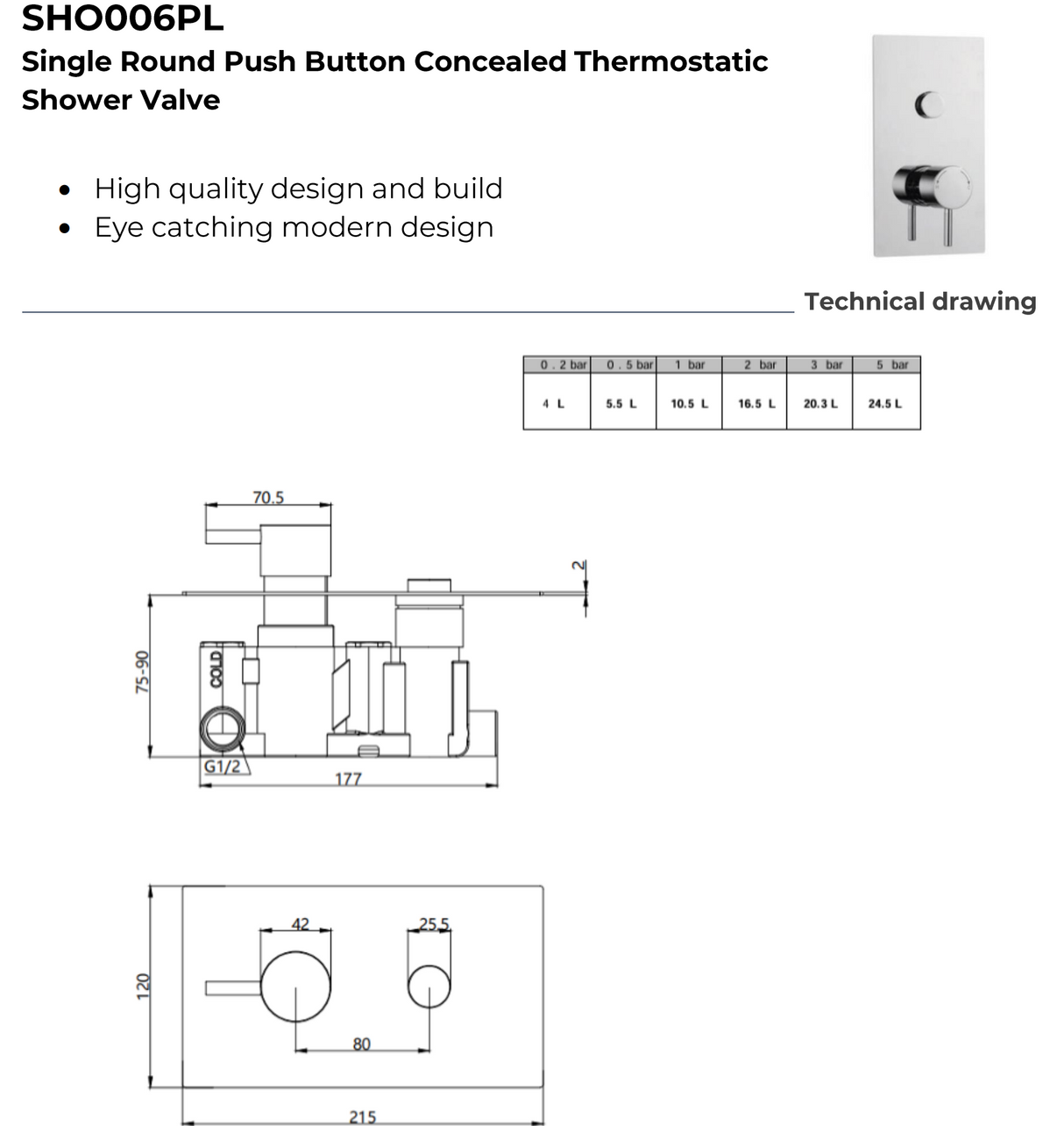 Kartell K-VIT Plan Single Round Push Button Concealed Thermostatic Shower Valve Chrome (SHO006PL)