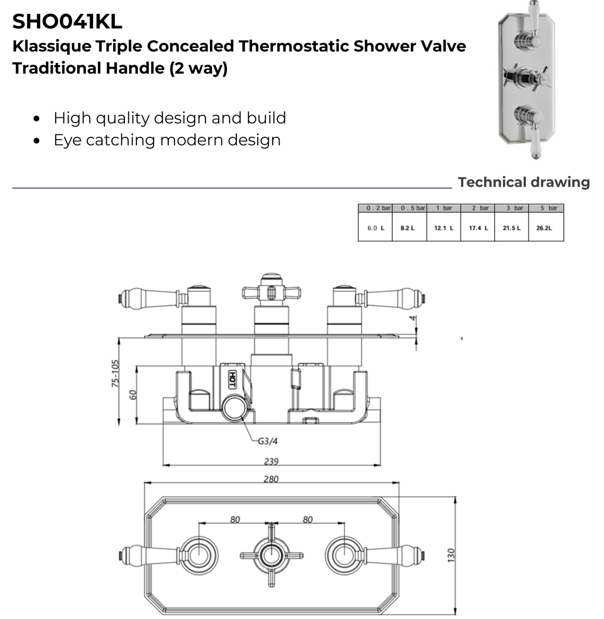 Kartell K-VIT Klassique Triple Concealed Thermostatic Shower Valve Traditional Handle (2 way) Chrome (SHO041KL)