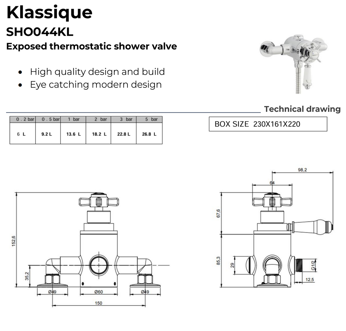 Kartell K-VIT Klassique Exposed Thermostatic Shower Valve Chrome (SHO044KL)