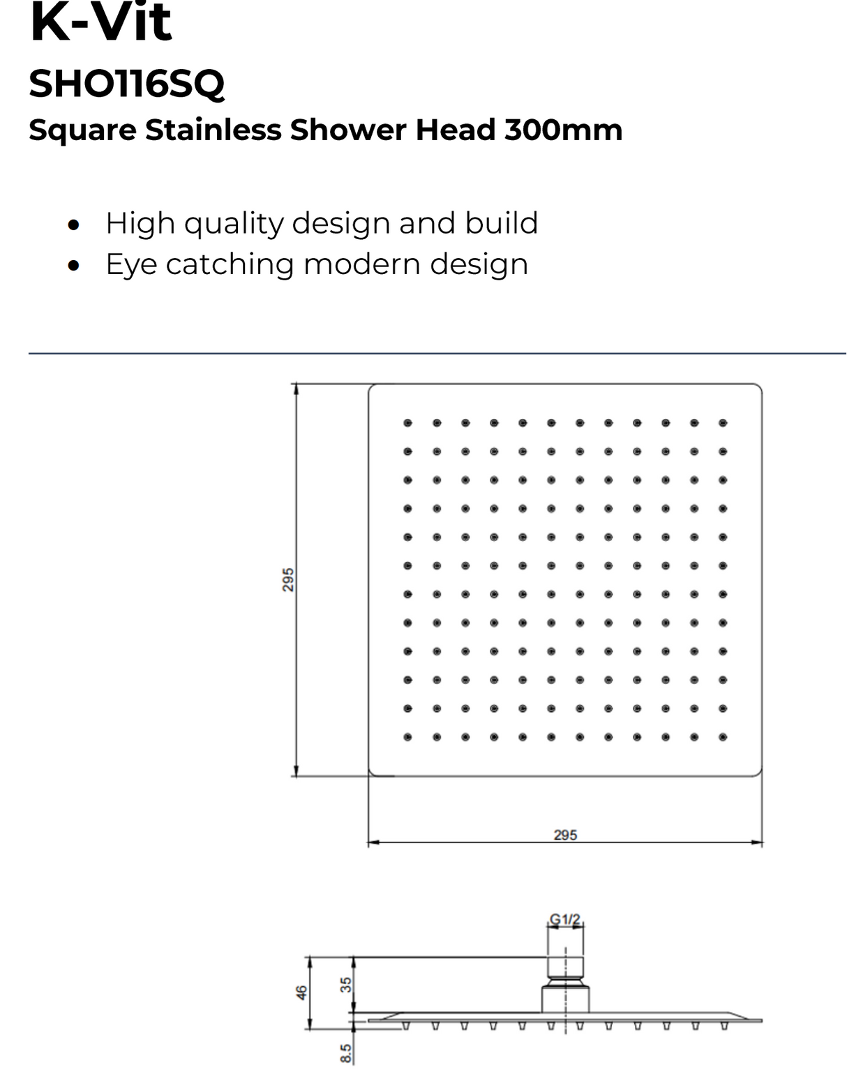 Kartell K-VIT Square Stainless Shower Head -Chrome (SHO114SQ)(SHO115SQ)(SHO116SQ)