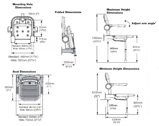AKW 4000 Series Extra Wide Wall Mounted Shower Seat with Back and Grey Padded Arms (04240)