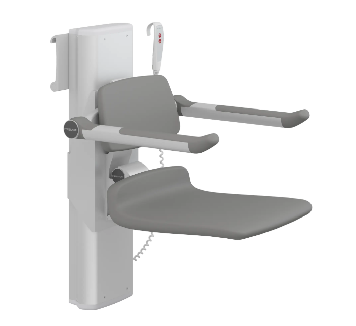 Pressalit PLUS shower seat – 450 mm Manual – Back & Armrests, With Aperture, Anthracite