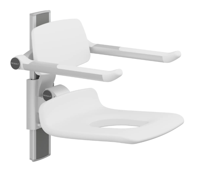 Pressalit PLUS shower seat – 450 mm Manual – Back & Armrests, With Aperture, White